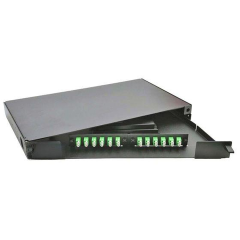 Rack Mount Enclosure Swingout 1RU Loaded with 2 Duplex LC/APC Plates Pigtails & Splice Trays Black