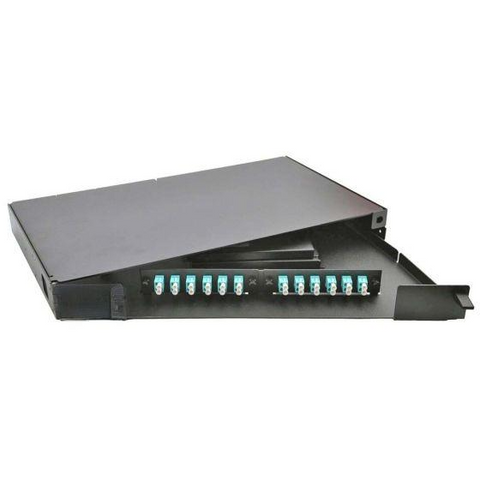 Rack Mount Enclosure Swingout 1RU Loaded with 2 Duplex LC OM3 Plates Pigtails & Splice Trays Black