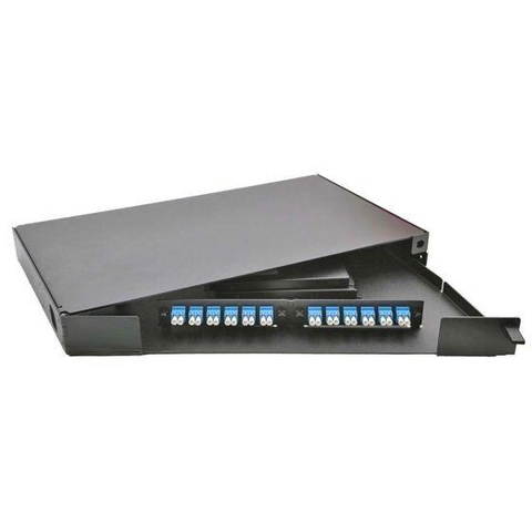 Rack Mount Enclosure Swingout 1RU Loaded with 2 Duplex LC/UPC Plates Pigtails & Splice Trays Black