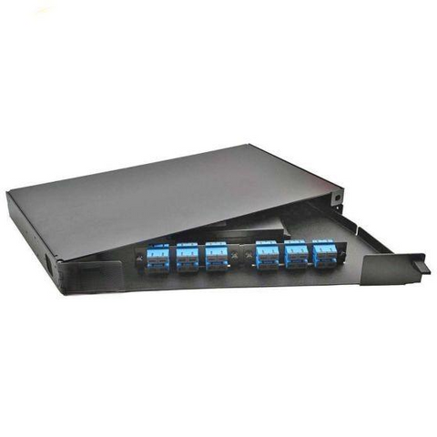 Rack Mount Enclosure Swingout 1RU Loaded with 2 Duplex SC/UPC Plates Pigtails & Splice Trays Black