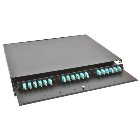 Rack Mount Enclosure 1RU Loaded with 3 Duplex LC OM3 Plates Pigtails & Splice Trays Black