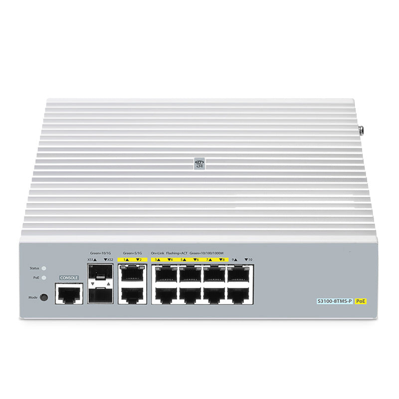 FS-S3100-8TMS-P, 8-Port Gigabit Ethernet L2+ PoE+ Switch, 8 x PoE+ Ports@125W, 2 x 5Gb RJ45, with 2 x 10Gb SFP+ Uplinks, Broadcom Chip, Fanless