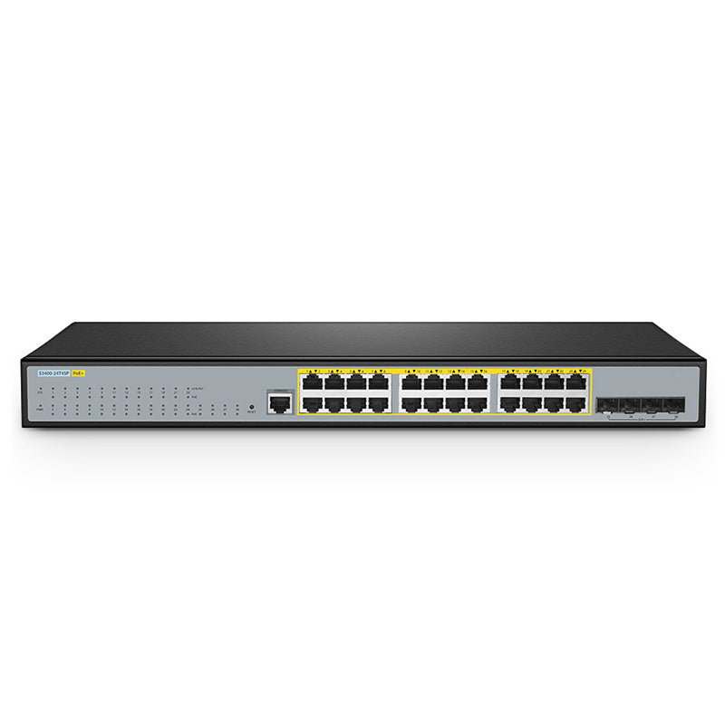 FS-S3400-24T4SP, 24-Port Gigabit Ethernet L2+ PoE+ Switch, 24 x PoE+ Ports @370W, with 4 x 10Gb SFP+ Uplinks, Support Stacking