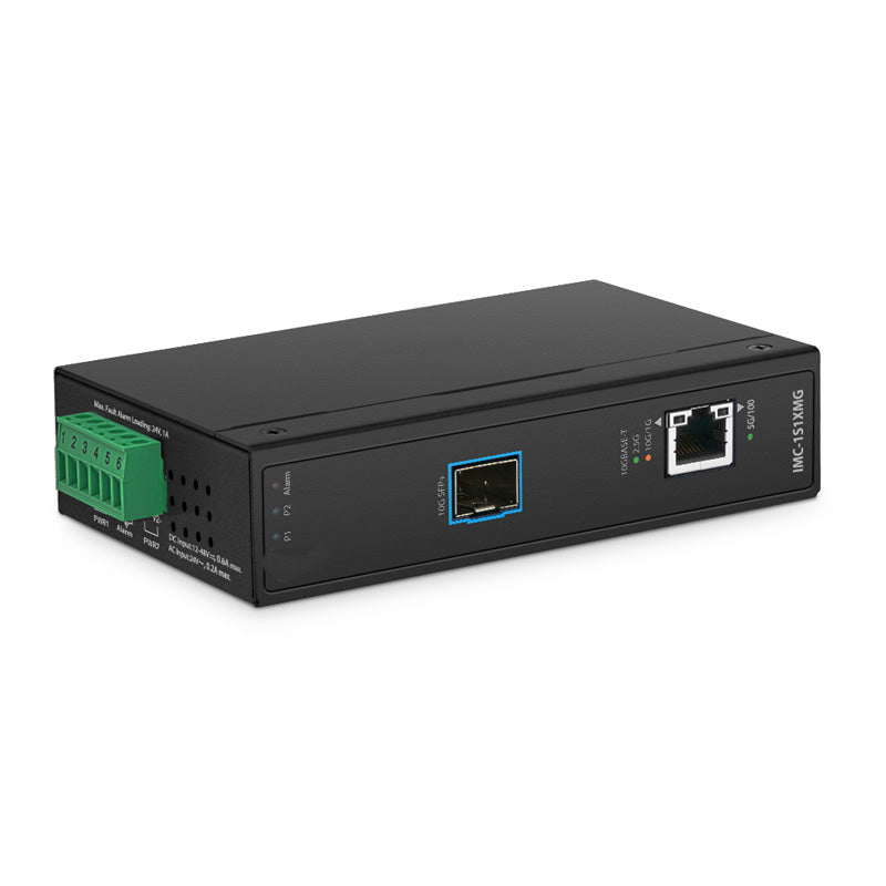 Industrial 1x 100M/1G/2.5G/5G/10GBase-T RJ45 to 1x 10GBase-X SFP+ Slot 10Gigabit Ethernet Media Converter