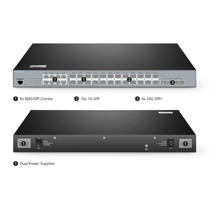 FS-S3900-24F4S-R 16-Port Gigabit Ethernet L2+ Switch, 16 x 1Gb SFP, with 8 x Gigabit RJ45/SFP Combo, 4 x 10Gb SFP+ Uplinks, Stackable Switch