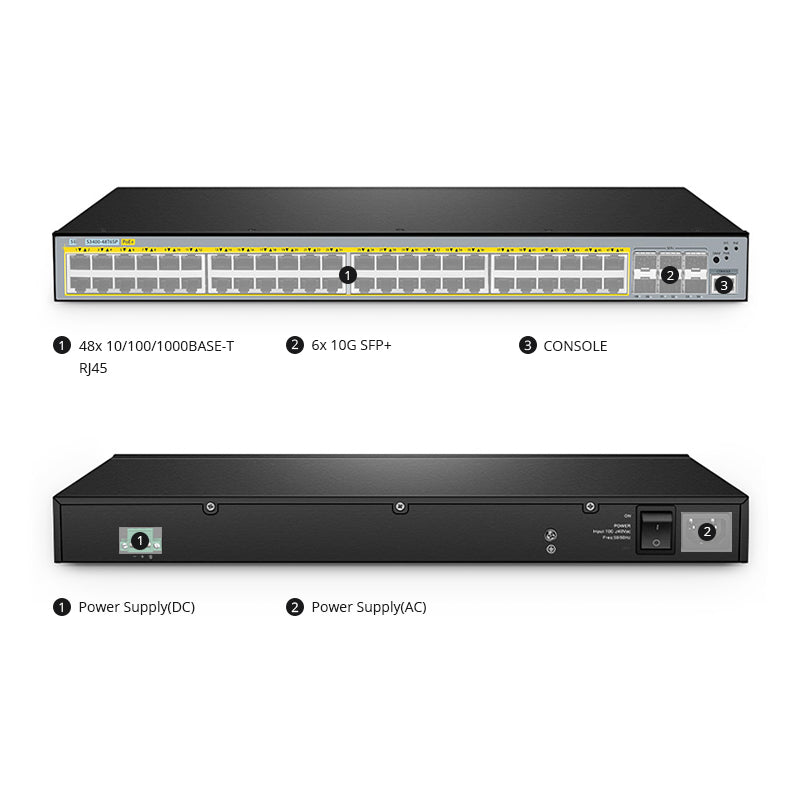 FS-S3400-48T6SP, 48-Port Gigabit Ethernet L2+ PoE+ Switch, 48 x PoE+ Ports @370W, with 6 x 10Gb SFP+ Uplinks, AC+DC Power Supplies