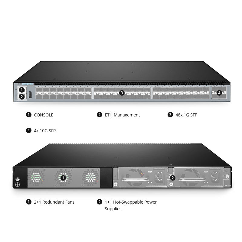 FS-S5800-48F4SR, 48-Port Gigabit Ethernet L3 Switch, 48 x 1Gb SFP, with 4 x 10Gb SFP+, Support MPLS&MLAG