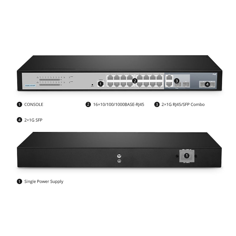 FS-S3260-16T4FP, 16-Port Gigabit Ethernet L2+ PoE+ Switch, 16 x PoE+ Ports @250W, with 2 x 1Gb SFP Uplinks and 2 x Combo SFP Ports, Support IEEE 802.3af/at