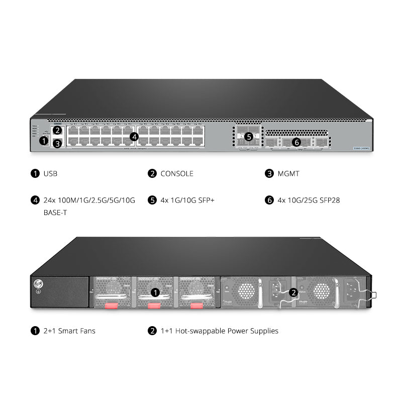 FS-S5860-24XMG, 24-Port Ethernet L3 Switch, 24 x 10GBASE-T/Multi-Gigabit Ports, 4 x 10Gb SFP+, with 4 x 25Gb SFP28 Uplinks, Support Stacking, Broadcom Chip