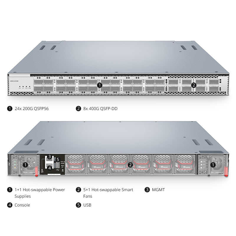 FS-N8550-24CD8D, Bare Metal Switch, 24-Port Ethernet Data Center, 24 x 200Gb FS-QSFP56, with 8 x 400Gb FS-QSFP-DD Uplinks, Broadcom Trident 4 Chip