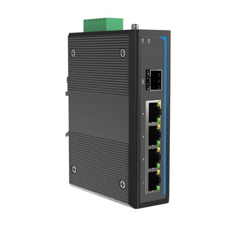 HGW-401S - 4x RJ45 +1x SFP ports Gigabit Ethernet Industrial fiber switch, DIN rail mount, -40 to +75 Celsius