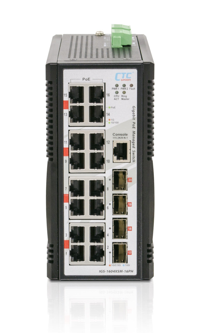 IGS-1604XSM-16PH - 16 copper + 4x 1G/2.5G/10G SFP+ port SNMP/web-managed Gigabit Ethernet Industrial switch, PoE 300W