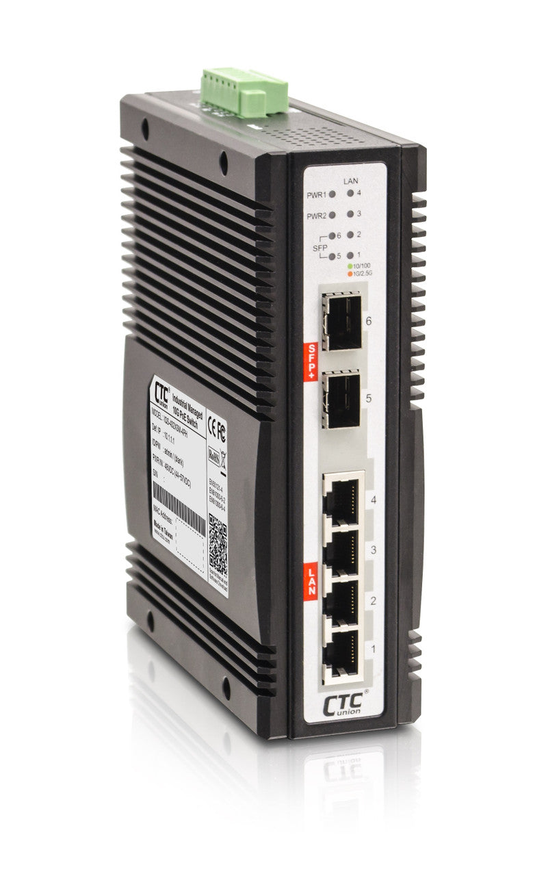 IQS-402XSM - 4 copper + 2 SFP+ ports SNMP/web-managed 2.5G Ethernet Industrial switch with 10G uplinks, DIN rail mountable
