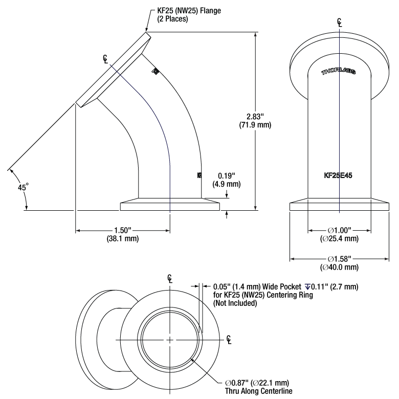 T-KF25E45 - 45° Elbow Fitting with KF25 Vacuum Flanges