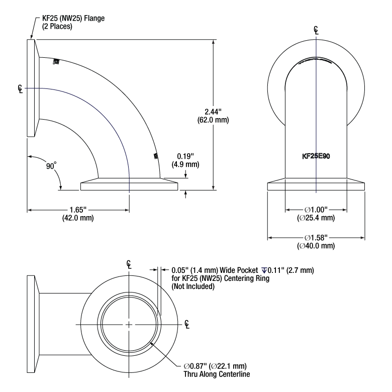 T-KF25E90 - 90° Elbow Fitting with KF25 Vacuum Flanges
