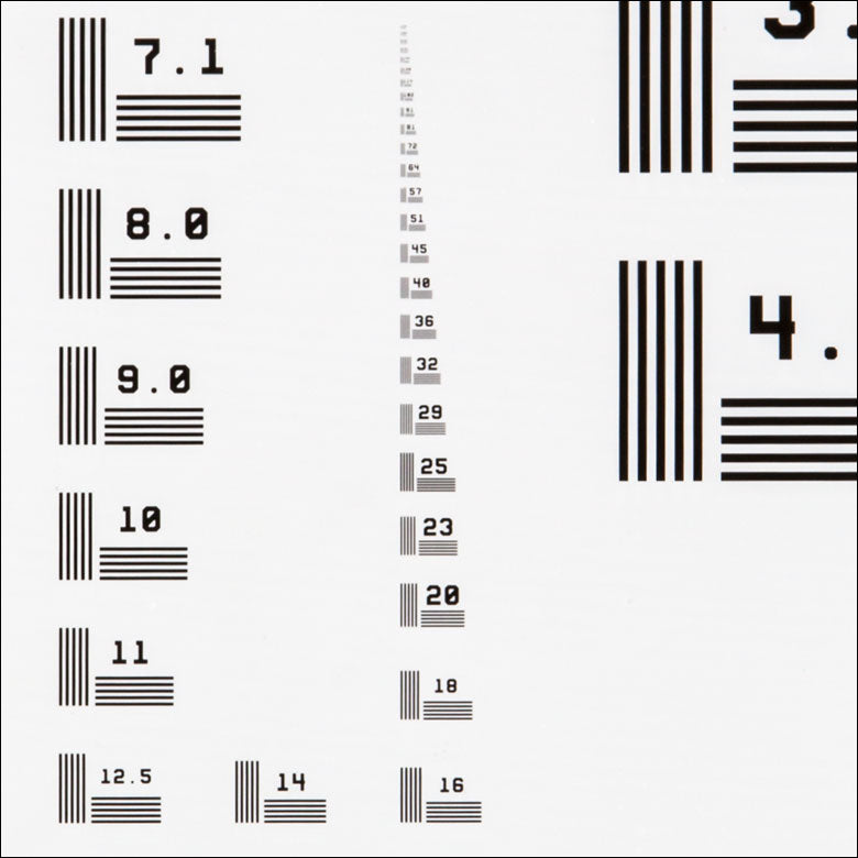 T-R2L2S1P1 - Positive NBS 1963A Resolution Target, 2" x 2", 1 to 228 cycles/mm