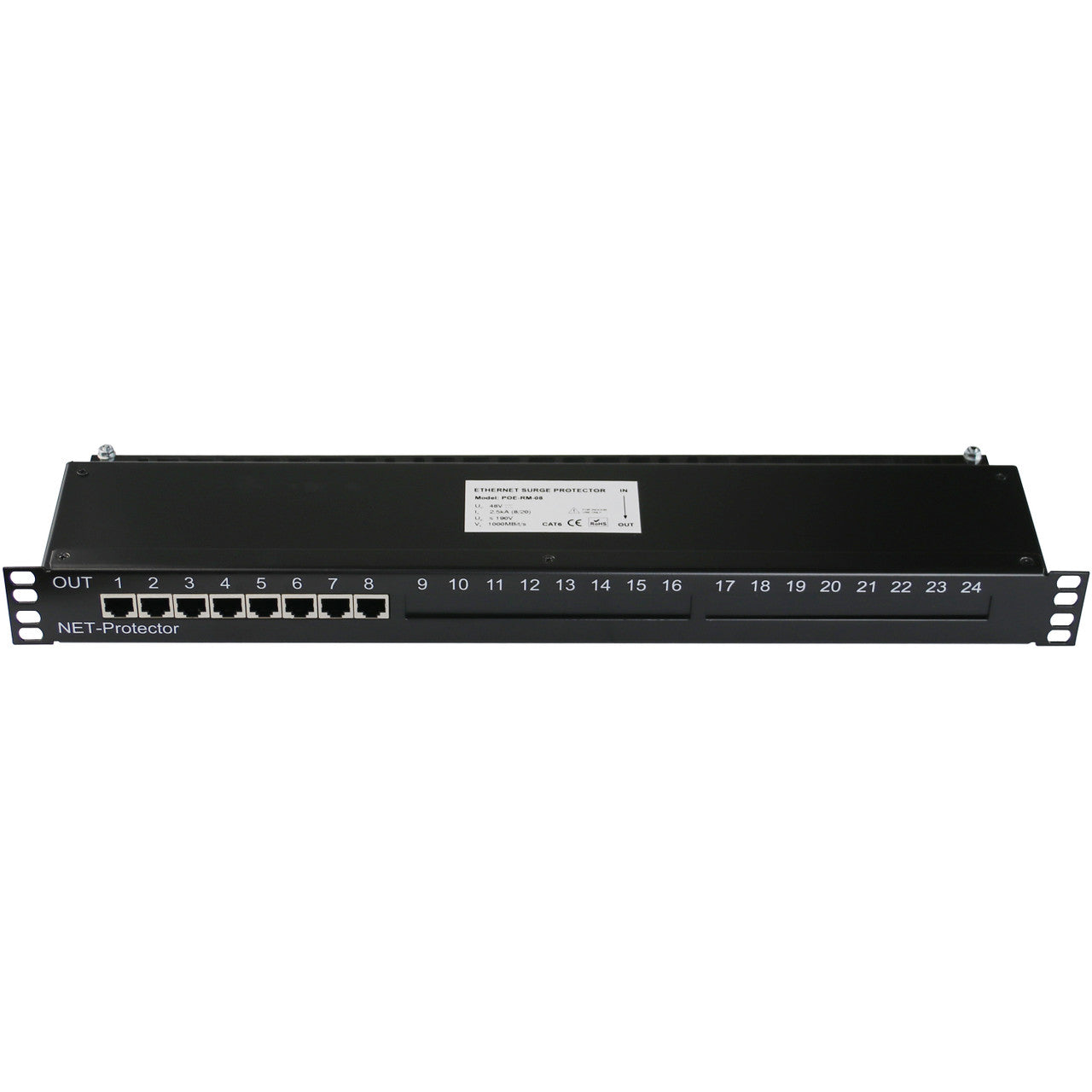 POE-RM-08 - 8 port Full 8 pin Cat6 RJ45 2.5G/Gigabit Ethernet surge protector with PoE support 19" rack mountable, modular