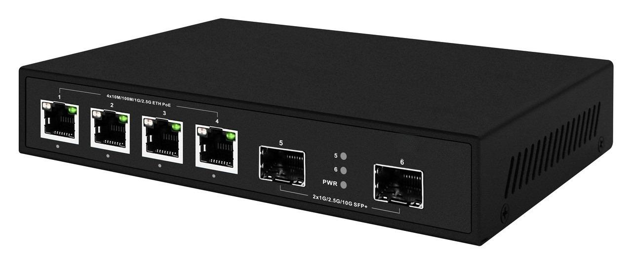 RB10-402S-PSE 4x 100M/1G/2.5G Ethernet port switch + 2x 1G/10G SFP+ uplink slots, high power PoE+ 65W budget