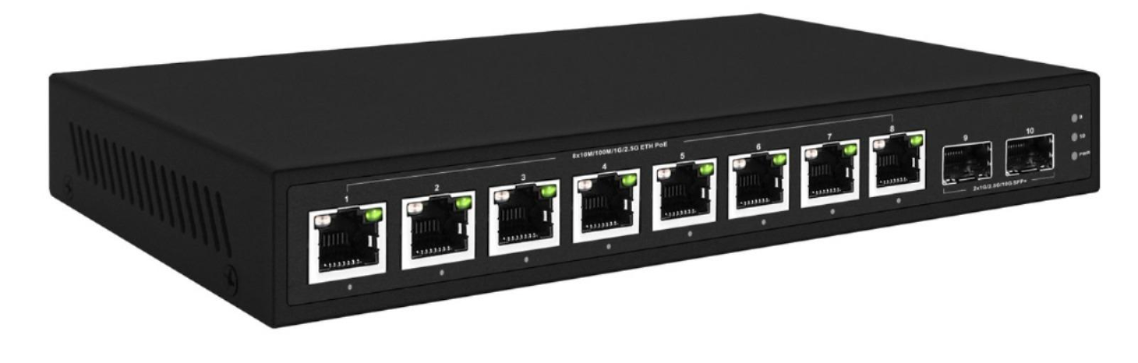 RB10-802S-PSE 8x 100M/1G/2.5G Ethernet port switch + 2x 1G/10G SFP+ uplink slots, high power PoE++ 125W budget