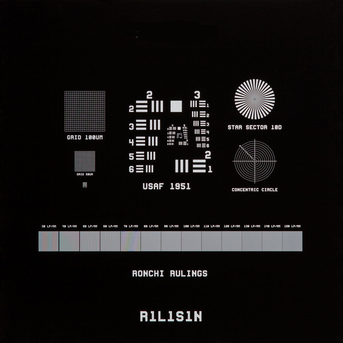T-R1L1S1P - Positive Combined Resolution and Distortion Test Target, 18 mm Square
