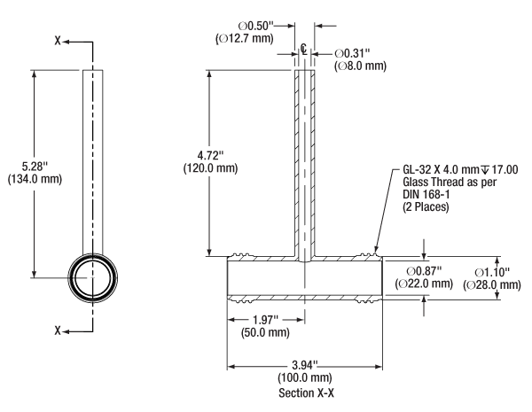 T-TGC100A - Empty Glass Cell with Threaded Ends, 100 mm Long, One Fill Tube