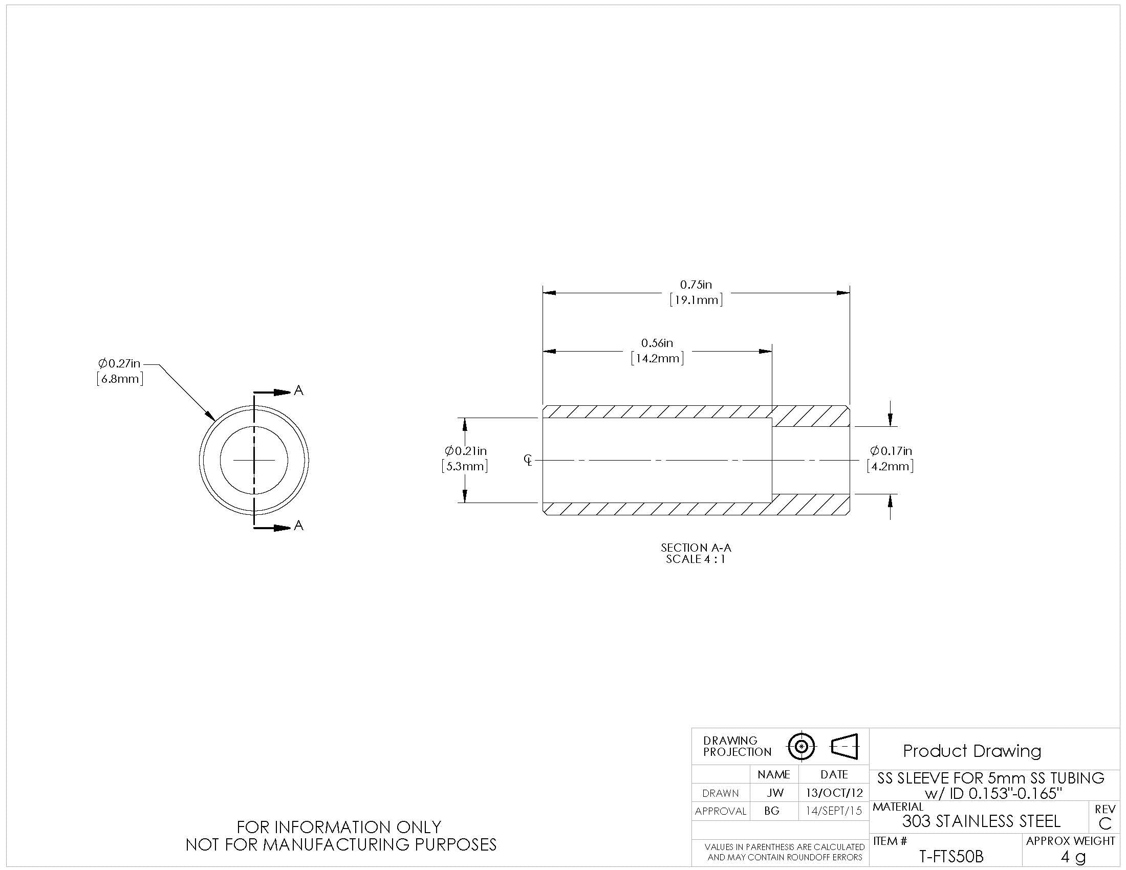 T-FTS50B - Stainless Steel Sleeve for Ø5.0 mm Tubing, 0.153" - 0.165" ID