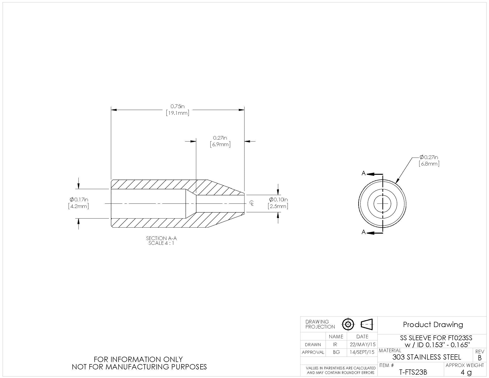 T-FTS23B - Stainless Steel Sleeve for Ø2.3 mm Tubing, 0.153" - 0.165" ID