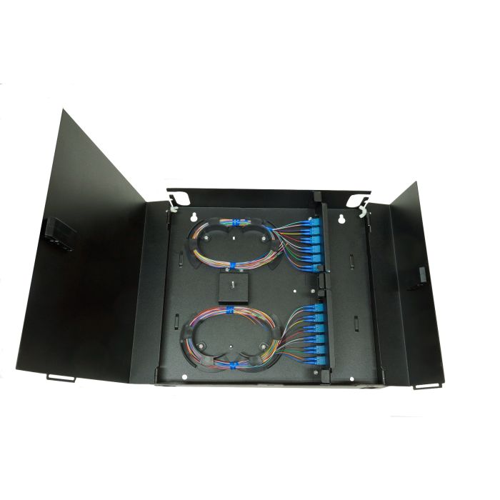 Wall Mount Enclosure 2 Panel Deluxe Loaded with 2 Duplex LC/UPC Plates Pigtails & Splice Trays Black