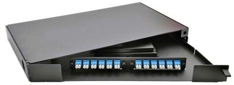 Rack Mount Enclosure Swingout 1RU Loaded with 2 Duplex LC/UPC Plates & Splice Trays Black