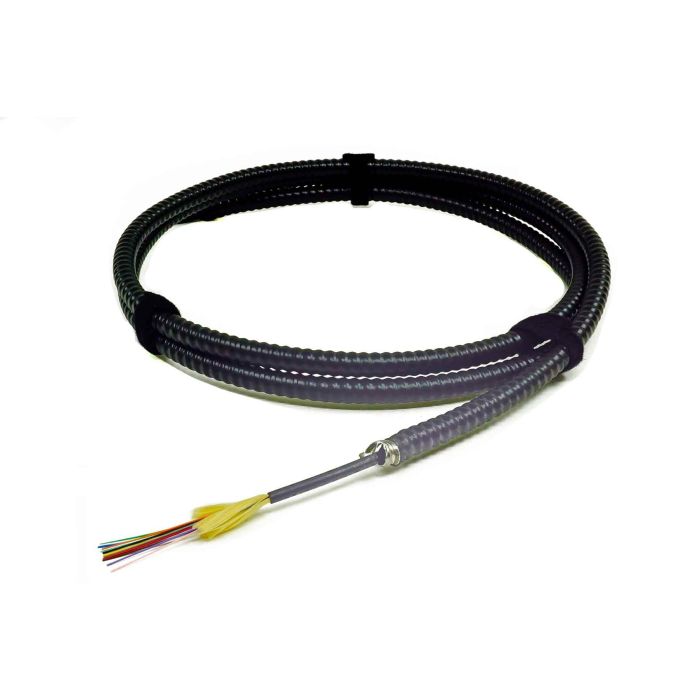 TLC Indoor/Outdoor Fiber Optic Cable with Aluminum Interlocking Armor, 12 Fiber, Singlemode 9/125um, OS2, Plenum, Black (per meter)