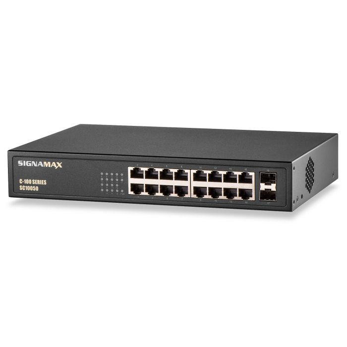 Signamax C-100 16-Port Gigabit PoE+ Unmanaged Switch with 2 SFP Ports