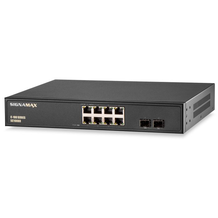 Signamax Media Switch C-100 8 Port 10/100/1000 Base T/TX (RJ45) PoE+ with 2 1000/GbE SFP Ports Unmanaged Switch
