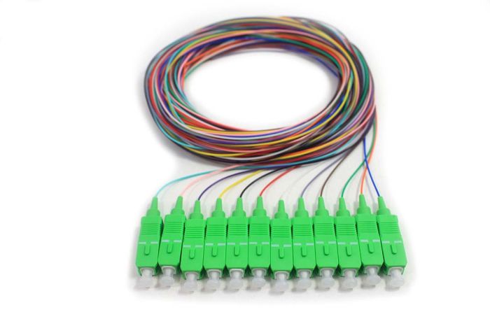 900um Pigtail, 12 Fiber, Singlemode, SC/APC, Green Boots, 3 Meters