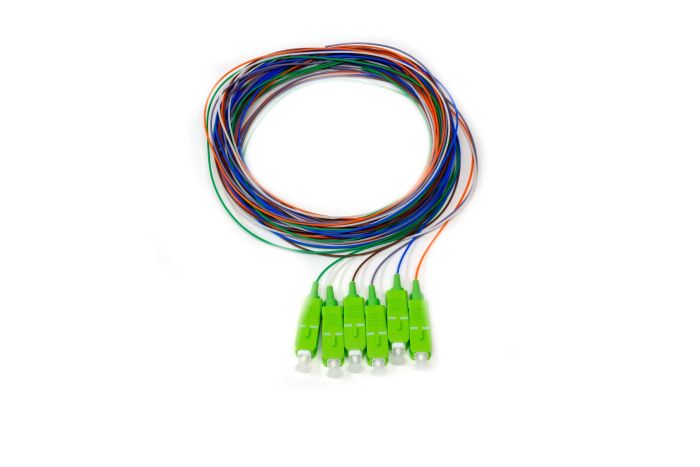 900um Pigtail, 6 Fiber, Singlemode, SC/APC, Green Boots, 3 Meters