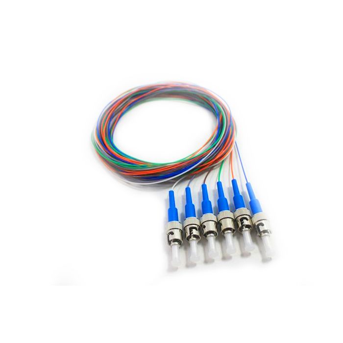 900um Pigtail, 6 Fiber, Singlemode, ST/UPC, Blue Boots, 3 Meters