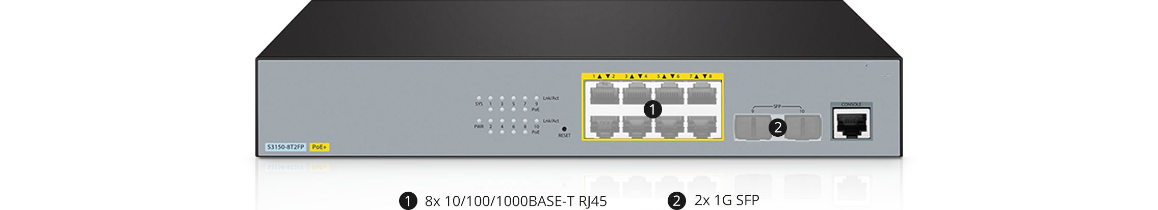 FS-S3150-8T2FP, 8-Port Gigabit Ethernet L2+ PoE+ Switch, 8 x PoE+ Ports@130W, with 2 x 1Gb SFP, Fanless