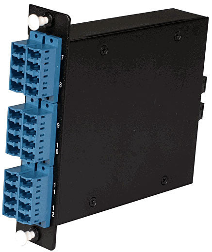 24-fiber MTP Cassette, 9/125µm Single Mode Fiber, 2 rear MTP/female Port, 6 LC Quad Ports Front