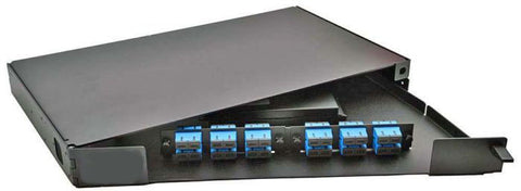 1RU Swing Out Rack Mount Enclosure Loaded with 2 Duplex SC OM3 Plates, Pigtails & Splice Trays – Black