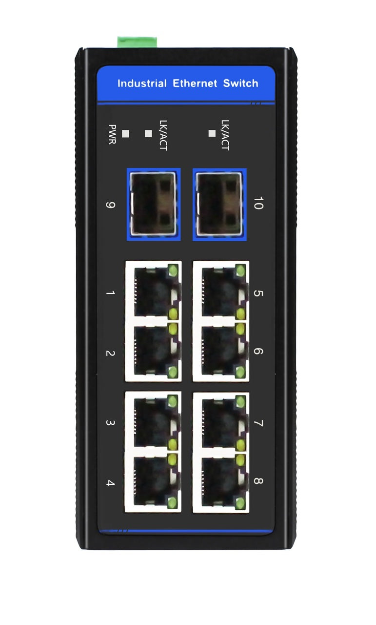 HSW-802GS - 8x RJ45 +2x Gigabit SFP ports Fast Ethernet Industrial fiber switch, DIN rail mount, -40 to +75 Celsius