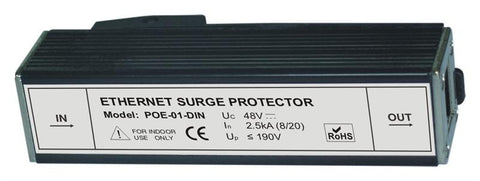 POE-01-DIN - Full 8 pin Cat6 RJ45 Ethernet surge protector with PoE support and DIN rail mount system
