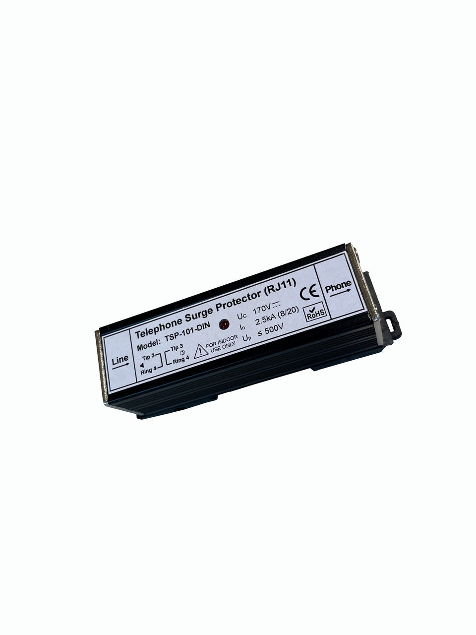 TSP-101-DIN Telephone line surge protector RJ11 in-line LED indicator, DIN rail mountable