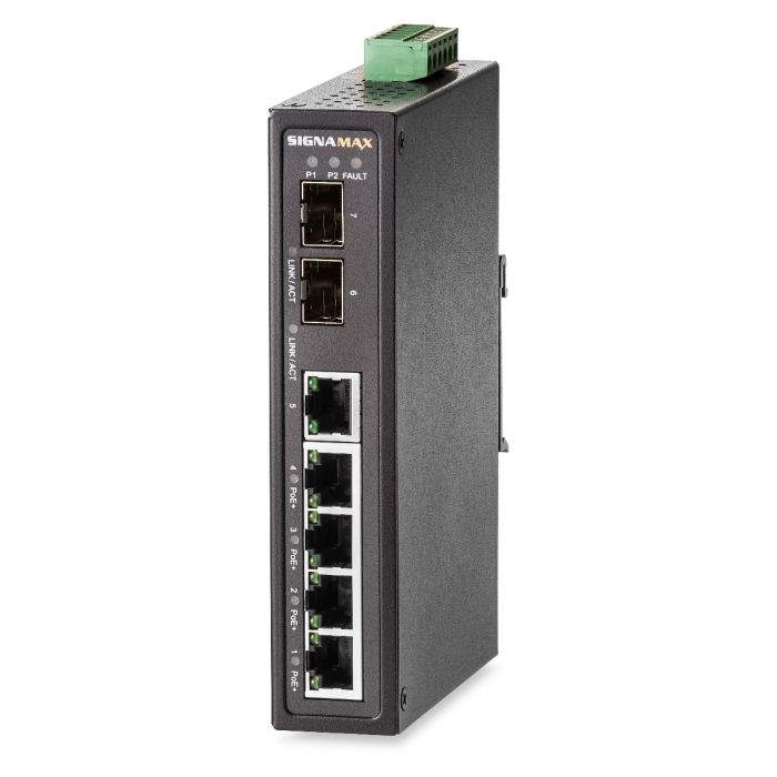 Signamax 5-Port 10/100/1000 Base T/TX Unmanaged Industrial PoE+ Switch with 4 PoE+ Ports and 2 100/1000 Base SFP Ports