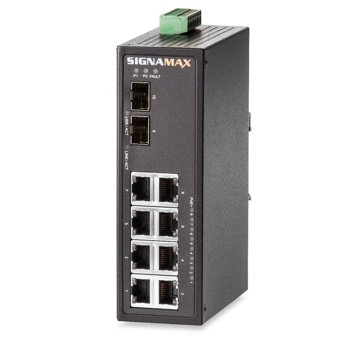 Signamax 8-Port 10/100/1000Base-T/TX Industrial PoE+ Switch with 2 SFP Ports