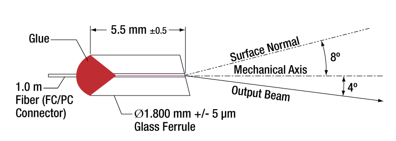 T-SMPF0106-FC - Pigtailed Ferrule, Ø1.8 mm, 8°, FC/PC, AR Coated: 633 nm