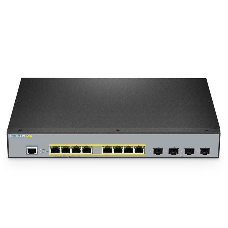 FS-S3200-8MG4S-U, 8-Port Ethernet L2+ Managed PoE+ Switch, 8 x 100M/1000M/2.5G Multi-Gigabit RJ45, with 4 x 10Gb SFP+ Uplinks