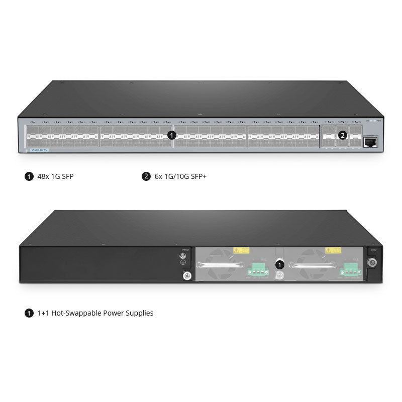 FS-S5500-48F6S, 48-Port Gigabit Ethernet L3 Switch, 48 x 1G SFP, with 6 x 10Gb SFP+ Uplinks, Support Stacking