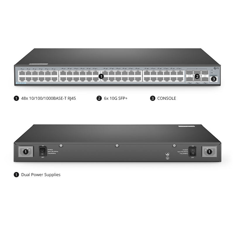 FS-S3900-48T6S-R, 48-Port Gigabit Ethernet L2+ Switch, 48 x Gigabit RJ45, with 6 x 10Gb SFP+ Uplinks, Stackable Switch
