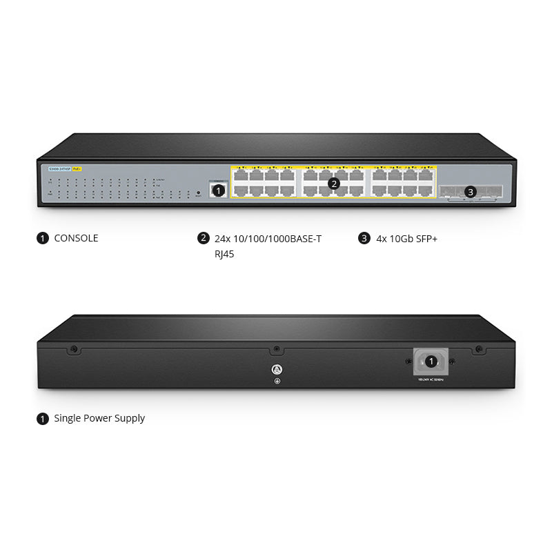FS-S3400-24T4SP, 24-Port Gigabit Ethernet L2+ PoE+ Switch, 24 x PoE+ Ports @370W, with 4 x 10Gb SFP+ Uplinks, Support Stacking