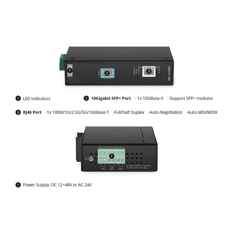 Industrial 1x 100M/1G/2.5G/5G/10GBase-T RJ45 to 1x 10GBase-X SFP+ Slot 10Gigabit Ethernet Media Converter