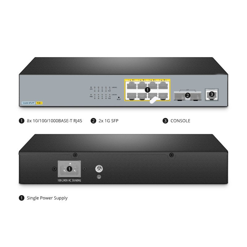 FS-S3260-8T2FP, 8-Port Gigabit Ethernet L2+ PoE+ Switch, 8 x PoE+ Ports @240W, with 2 x 1Gb SFP Uplinks, Support IEEE 802.3af/at